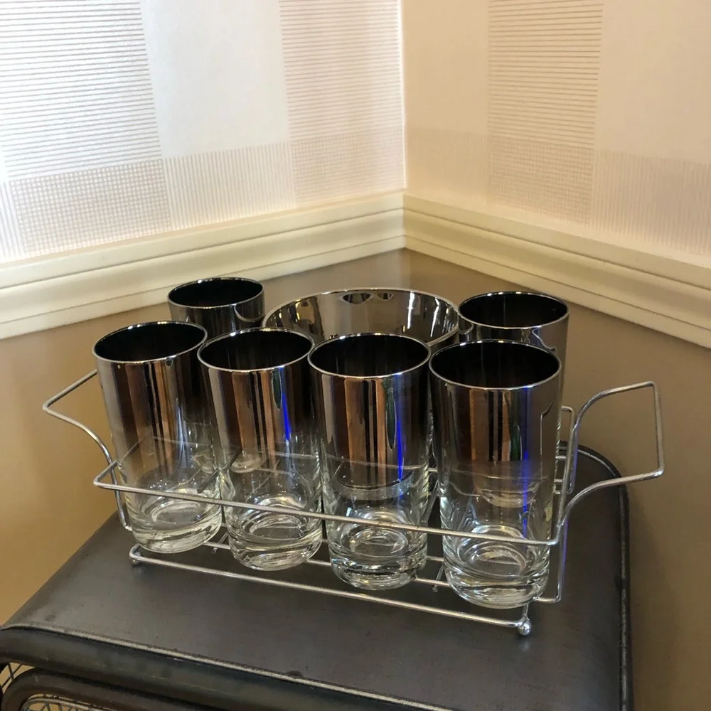 Queen’s lusterware Drinkware Set 6 glasses /ice bucket /carrier vintage MCM